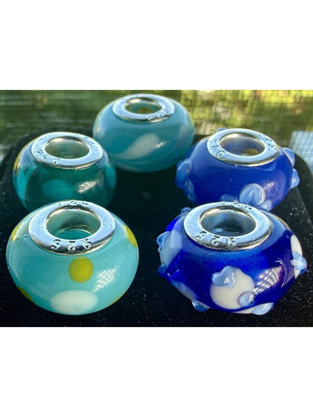 Lot of 5 Vintage 925 Sterling Silver Murano Glass Charm Beads Blue Teal Swirl